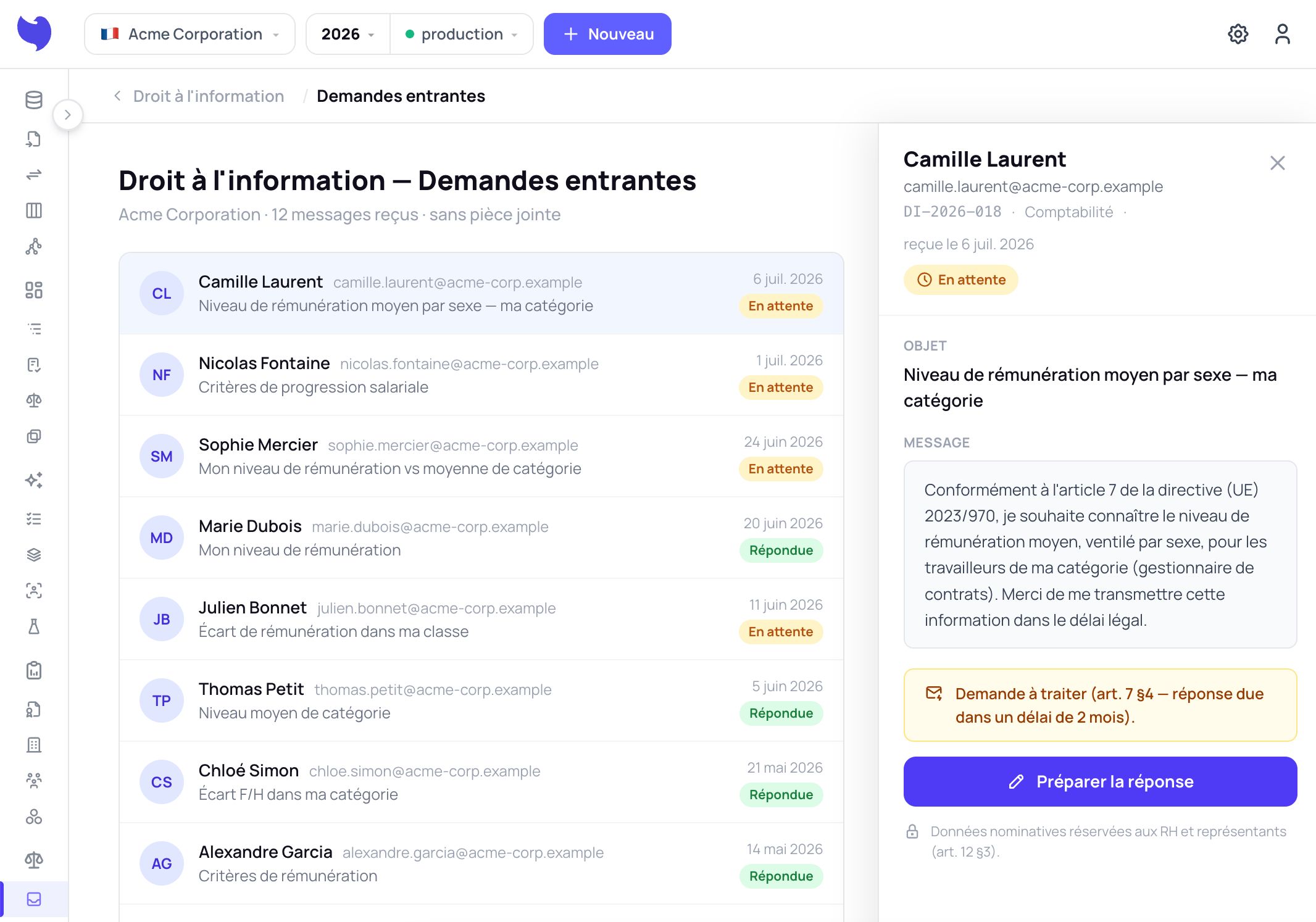 Écran Droit à l’information : la file des demandes reçues, chacune avec son objet et son statut, et le détail d’une demande rappelant le délai de réponse de deux mois.