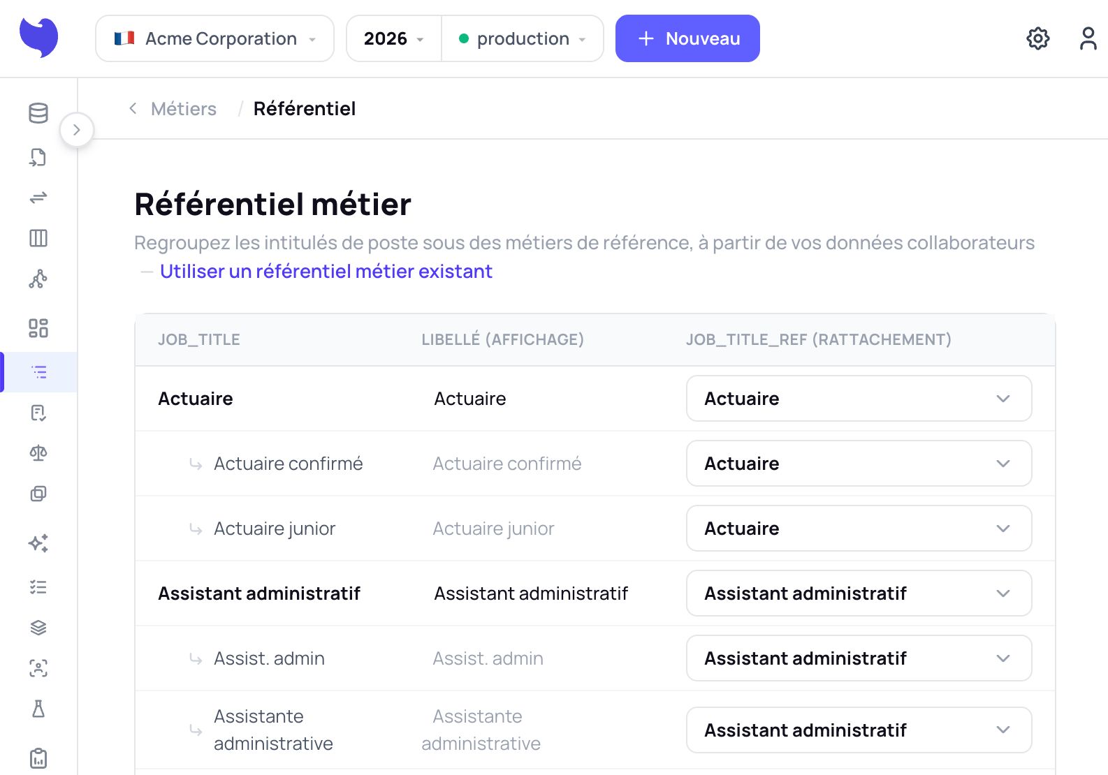Écran Métiers — Référentiel : la liste des métiers de l’entreprise et leurs effectifs.